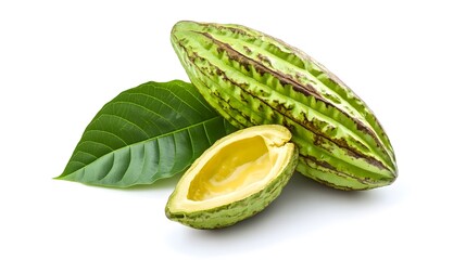 Isolated green cocoa leaf on white background