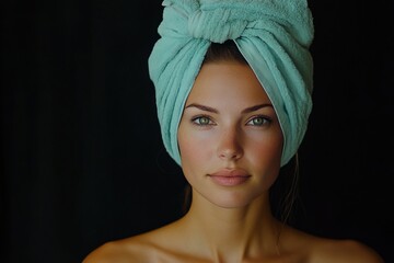 Wall Mural - Woman with towel wrapped hair poses with natural beauty in soft lighting