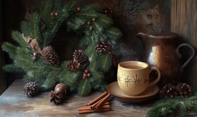 Poster - A wreath of pine needles sits on a table next to a cup of coffee