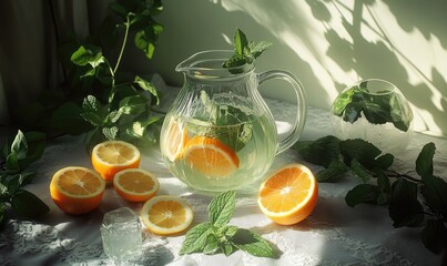 Poster - A pitcher of water with sliced oranges and mint leaves