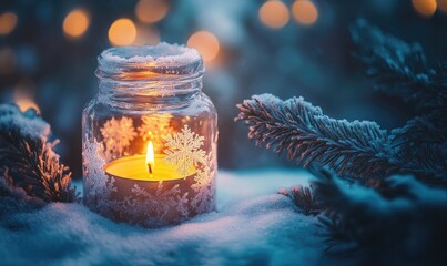 Wall Mural - A candle is lit in a glass jar