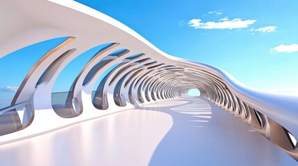 Poster - futuristic concrete tunnel with curved architectural design and vanishing perspective under a cloudy