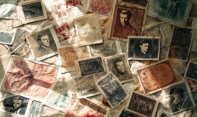 A collection of old stamps with a variety of colors and designs