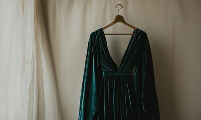 Wall Mural - A green dress is hanging on a wooden hanger