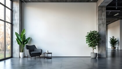 Poster - Empty modern office space corner shows minimalist design. White wall, gray concrete pillars provide industrial aesthetic. Plants add natural touch. Stylish armchair, small table show modern workspace