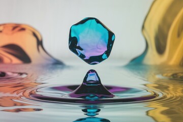 Poster - A vibrant, multifaceted jewel-toned object descends into a pool of iridescent liquid, creating captivating concentric ripples.