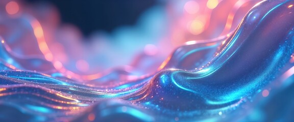 Poster - Abstract fluid design with twisted holographic shapes. Iridescent colours blend in vibrant gradient. Trendy futuristic wallpaper background template with dynamic liquid forms. Creative abstract