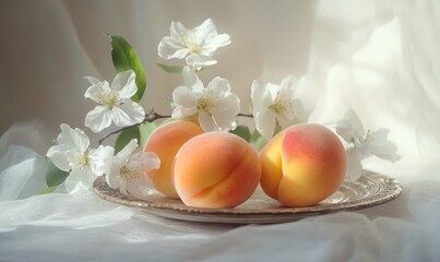 Wall Mural - Three peaches on a plate with a white background