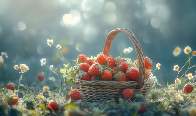 Wall Mural - A basket full of strawberries is on the ground