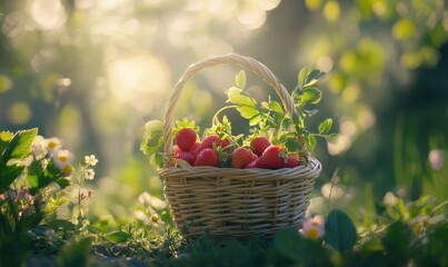 Wall Mural - A basket full of strawberries is sitting on the grass