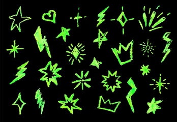 Poster - crayon firecracker stars heart and crown in black color. bw collection of rock n roll design element