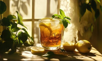 Poster - A glass of tea with a lemon slice and a sprig of mint