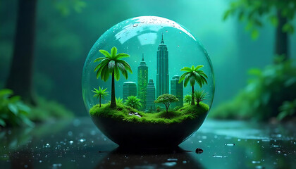 Wall Mural -  A miniature green city landscape inside a glass sphere, with skyscrapers, trees, and lush foliage, Sustainable energy pattern, Green sphere, created with generative ai