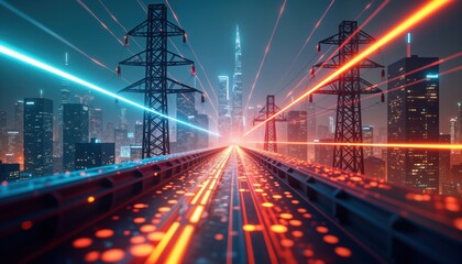 Poster - Futuristic city panorama shows elevated pathway with glowing lines of energy transmission. Modern high-rise buildings form skyline. Powerlines extend through cityscape. Colorful light beams signify