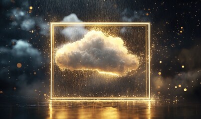 A cloud is in a frame with a yellow light shining on it