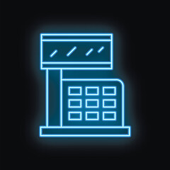 Poster - Blue neon sign of a cash register glowing on a dark background