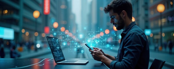 Poster - Man works remotely in smart city. Uses laptop, mobile phone. Digital tech, network connection visible in background. Modern urban setting. Future tech concept. Likely programmer developer.