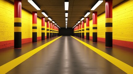 Poster - vibrant geometric tunnel corridor with striking yellow and red lined flooring