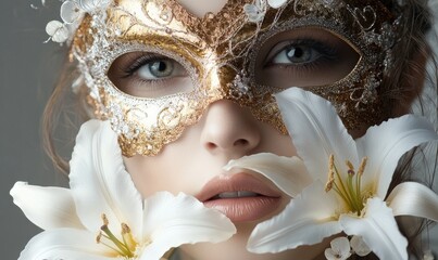 Wall Mural - A woman wearing a gold mask and holding a white flower