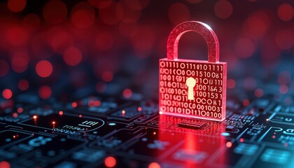 Aufkleber - Digital padlock symbol shows binary data on tech circuit board. Cybersecurity alert for data protection concept. Red light represents warning. Abstract image for network security tech safety topic.