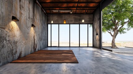 Canvas Print - Minimalist Open Space with Wooden Floor and Glass Window Overlooking Serene Outdoor Landscape