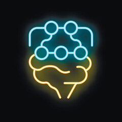 Poster - neon style icon of artificial intelligence, featuring a brain with a network of connected nodes abov