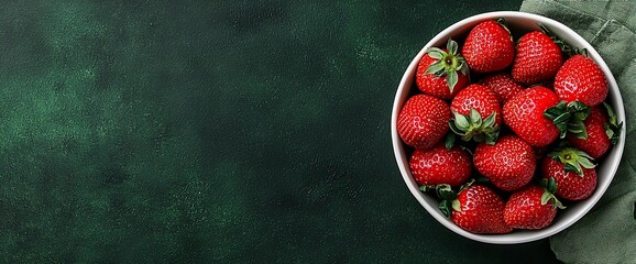 Wall Mural - Fresh strawberries in a bowl on dark green background.