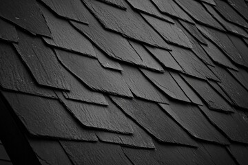 Poster - The image showcases a close-up view of dark gray, textured slate roof tiles arranged in an overlapping pattern, emphasizing durability and elegance in roofing design.