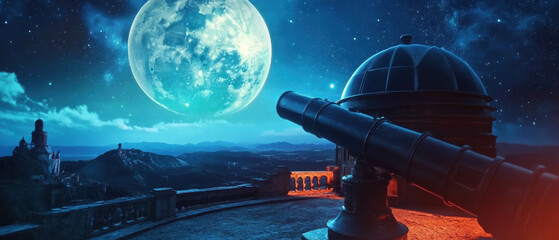 cinematic view of a castle observatory with telescope under a bright moonlit sky