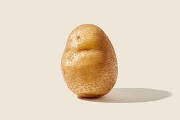 Poster - A single, oddly shaped russet potato stands on a beige background, casting a soft shadow.