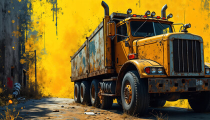 Poster - Urban scene. Old rusty yellow truck on dusty street. Grunge urban art poster style. Vibrant yellow, black colors. Distressed texture. Creative design. Abstract art. Hand drawn elements. Retro style.