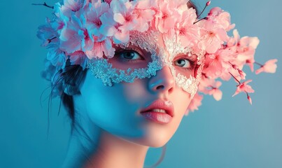 Wall Mural - A woman wearing a flower headpiece and a mask