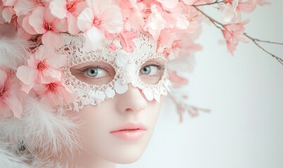 Wall Mural - A woman wearing a white mask with pink flowers