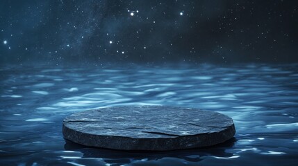Poster - Ethereal Floating Stone in Calm Water Under Starry Night Sky