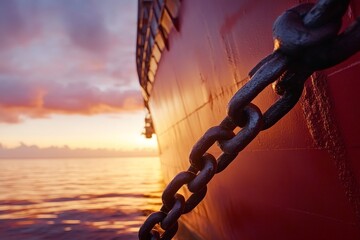 A massive red ship bow catches the glowing hues of sunset on the calm water, highlighting a strong chain in foreground, embodying magnitude and serenity.