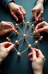 Aufkleber - Team connects people with threads. Hands build network. Team collaboration. Group connected through links. Business concept. Social media. Community connection. Human relationships. Modern