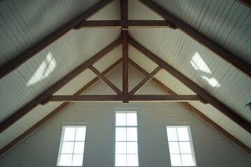 Poster - Sunlit wooden trusses are illuminated by warm light, casting shadows and creating a serene atmosphere with three tall windows in a modern architectural space.