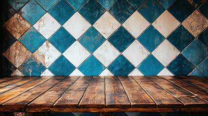 Poster - Rustic Wooden Table in Front of Blue Diamond Patterned Wall