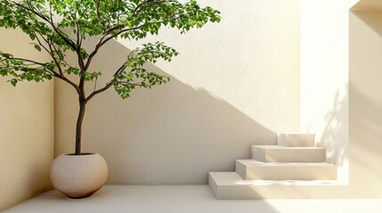 Poster - Serene Minimalist Indoor Scene with Potted Tree and Stairs in Neutral Tones