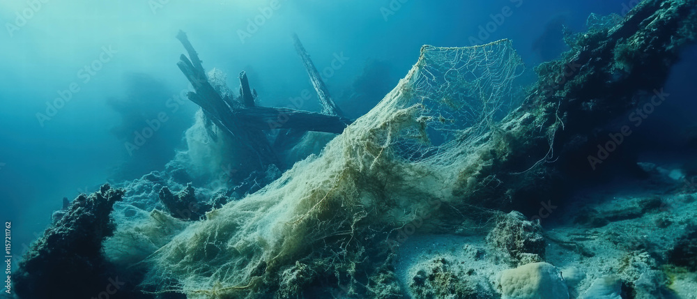 Ocean Decayed Corpse Underwater ghost net obscures marine life, revealing environmental ...