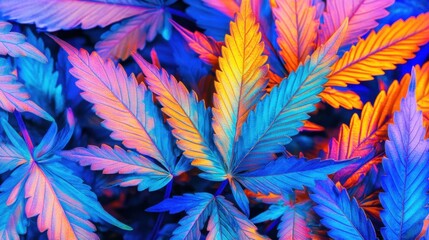 Poster - Colorful Neon Leaves in Vibrant Shades of Blue and Orange