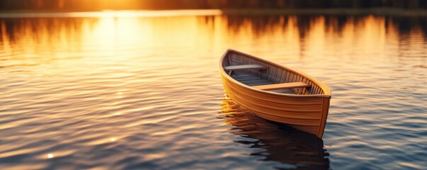 Canvas Print - Experience a serene Romantic boat ride at sunset, with the water's soft ripples symbolizing calm and intimacy This golden hour scene features a wooden rowboat gently floating on a tranquil lake