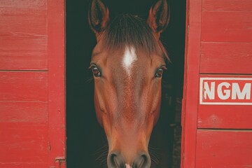 Poster - A close-up of a horse face, showing its soulful brown eyes and soft, shiny coat, framed by a rustic barn background