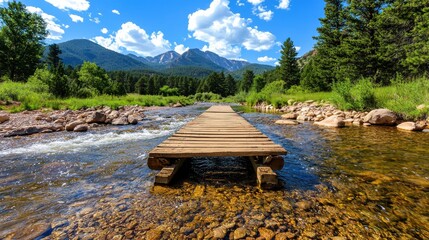 Wall Mural - Scenic Wooden Bridge Spanning Tranquil Mountain Stream in Lush Forest Landscape