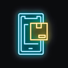 Poster - Bright neon icon of a smartphone displaying a package, perfect for representing delivery tracking apps