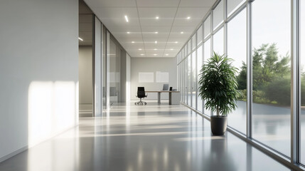 Poster - Modern office interior featuring large windows and minimalist design with natural light