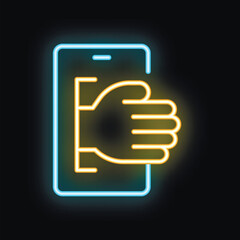 Poster - Neon sign illustrating a hand holding a smartphone, on a black background