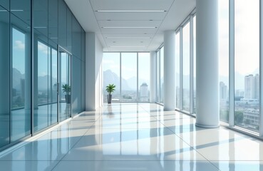 Poster - Empty modern office hallway with large windows cityscape view. Clean shiny floor reflects light. Minimalist design with white walls, pillars. Contemporary architecture. Bright, spacious. Perfect for