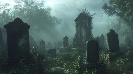 Wall Mural - Misty Graveyard: Capture a graveyard shrouded in mist