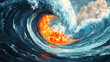 © Thiago - Surreal ocean whirlpool with fiery center. Spindrift. Illustration